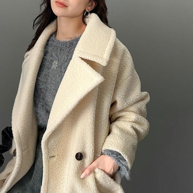 クラシカルエルフ冬新作 mily bilet アウター ジャケット レディース ブークレー 素材 タック ダブル ピーコート ゆるっと オーバーサイズ 体型カバー 肌触り 柔らか あったか 大きいサイズ 2024aw   mi1149061の通販は 8,359円