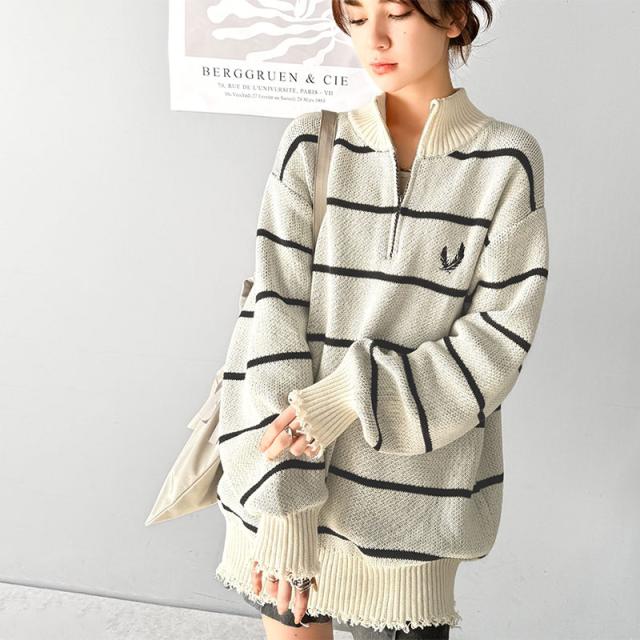 クラシカルエルフ冬新作 mily bilet トップス ニット レディース ハーフ ジップ 袖 裾 クラッシュ 加工 ボーダー ワンポイント プルオーバー ロングシーズン 着回し ゆるっと オーバーサイズ 大きいサイズ 2024aw  mi1259010の通販は 6,089円