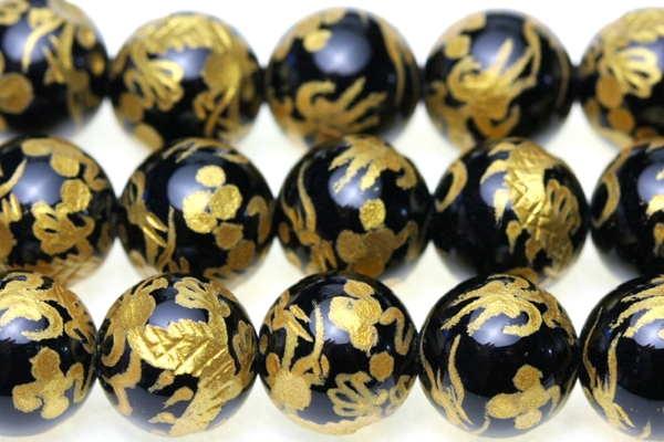 天然石 ビーズ【彫刻ビーズ】オニキス 8mm (金彫り) 五爪龍 (一連売り) パワーストーン