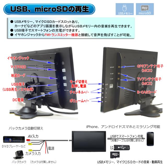 一年間保証 最新2025年春版３年間無料更新 １０．１インチポータブルナビ ２ｘ２地デジフルセグ内蔵　スマホ iPhone連携表示 12v 24v トラックも対応 [G10FS]_8