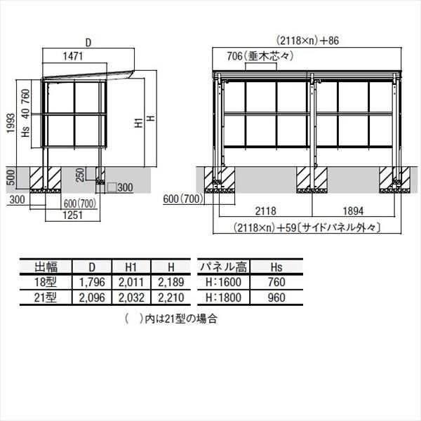 リクシル サイクルポート フーゴAプラス パーク 22・29-18型 パネル高さ H：1800 熱線吸収ポリカ板 2連棟  『サビに強いアルミ製 家庭 - 1