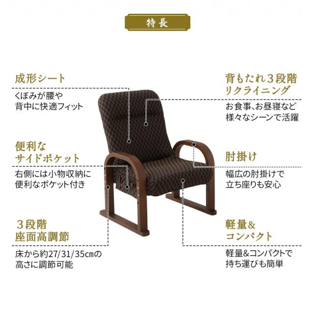 高座椅子 コンパクト サイドポケット付き 高さ調節可能 リクライニングチェア 一人用 ハイバック 折りたたみ 立ち上がり 立ち座り 高齢者 肘付き 肘掛け パーソナルチェア プレゼント 一人掛け 和室 イス 座椅子 椅子 ゆるり 敬老の日 父の日 母の日 送料無料_4