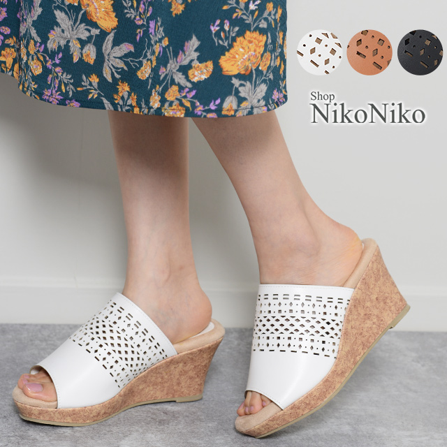 春新作 パンチングカットヒールサンダル 即納 シューズ 靴 コルク 疲れにくい レディースの通販はau Wowma ショップにこにこ