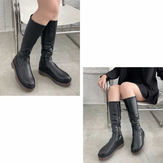 東京激安厚底　ブーツ　韓国　黒　フェイクレザー 靴