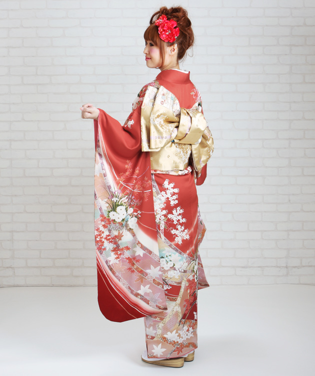 成人式 1月使用 振袖 レンタル 朱赤色 花車 NT-116-sei 送料無料