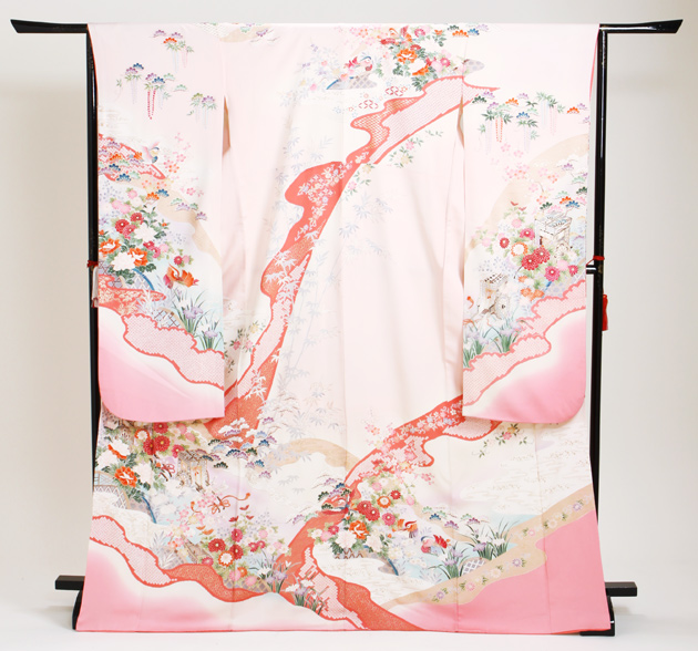 成人式 1月使用 振袖 レンタル 薄ピンク色 御所車に四季花・おしどり NT-109-sei 送料無料 成人式 1月使用 振袖 レンタル 薄ピンク色 御所車に四季花・おしどり NT-