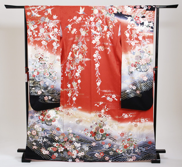 成人式 1月使用 振袖 レンタル 赤・オレンジ色 花車・四季花 NT-123