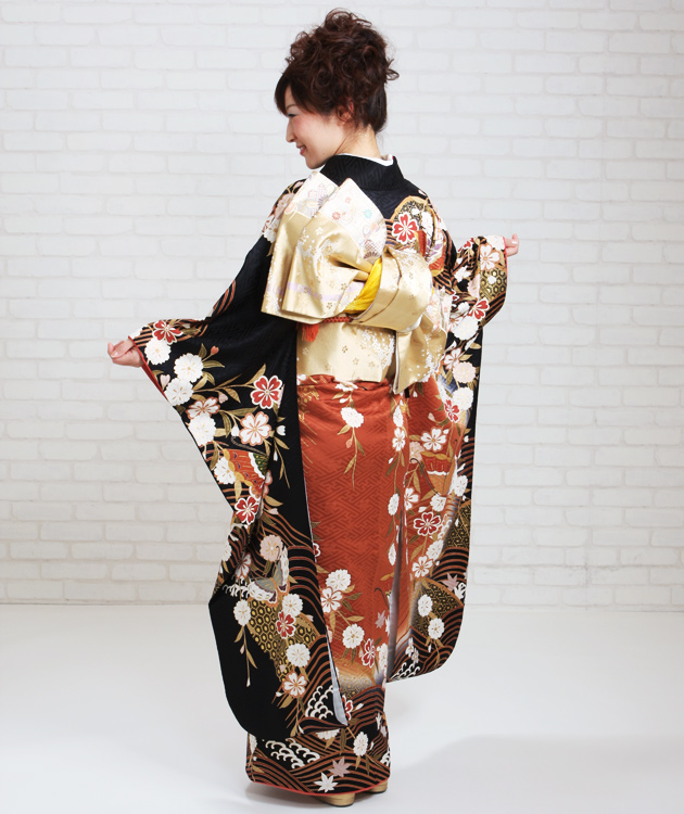 成人式 1月使用 振袖 レンタル 黒・エンジ色 蝶にしだれ桜波柄 NT-157