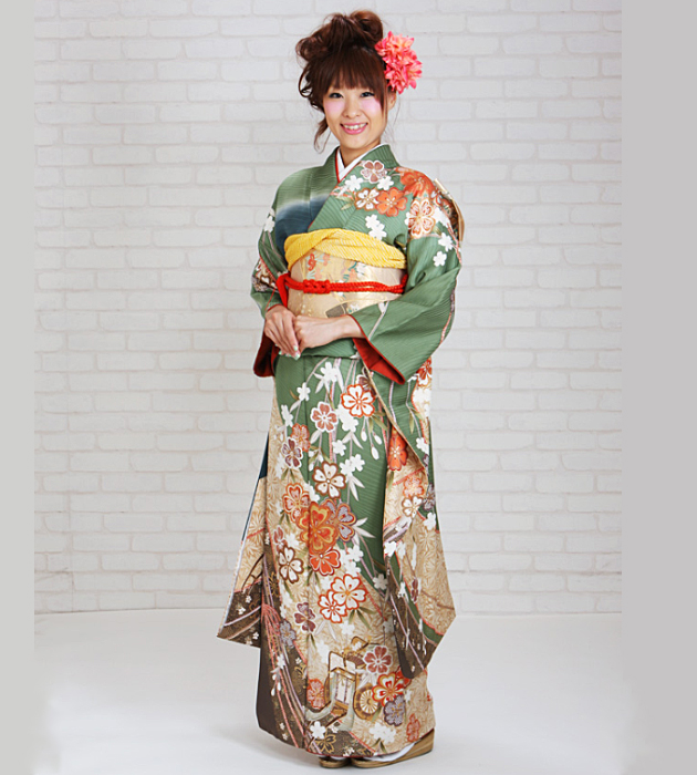 成人式 1月使用 振袖 レンタル グリーン色 御所車にしだれ桜 NT-162-sei