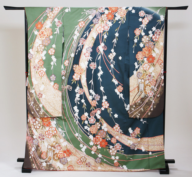 成人式 1月使用 振袖 レンタル グリーン色 御所車にしだれ桜 NT-162-sei 送料無料 成人式 1月使用 振袖 レンタル グリーン色 御所車にしだれ桜 NT-162-sei