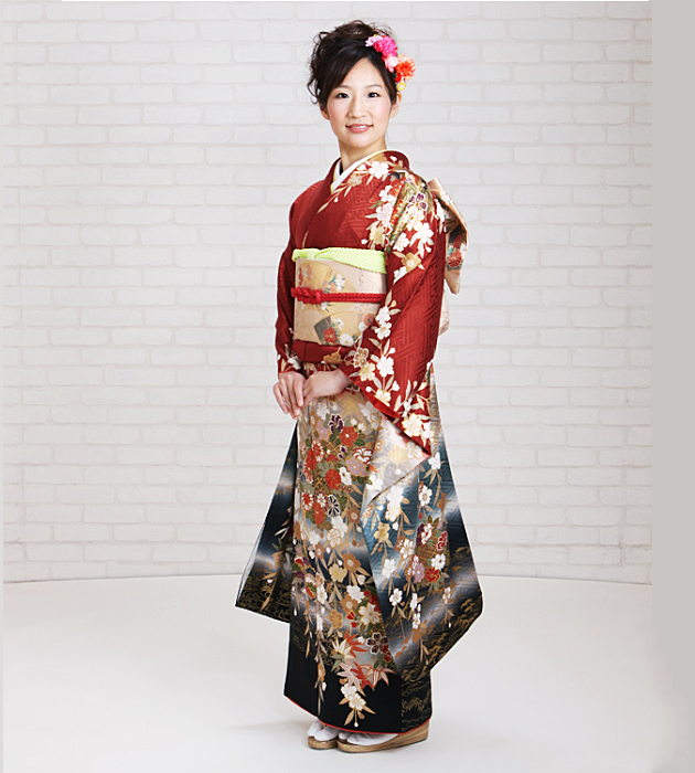 成人式 1月使用 振袖 レンタル レンガ・黒色 しだれ桜に手まり NT-131-sei 送料無料 成人式 1月使用 振袖 レンタル レンガ・黒色 しだれ桜に手まり NT-131