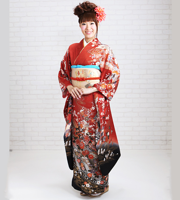 成人式 1月使用 振袖 レンタル レンガ色 御所車に扇面・流水 NT-S135-sei 送料無料 成人式 1月使用 振袖 レンタル レンガ色 御所車に扇面・流水 NT-S135