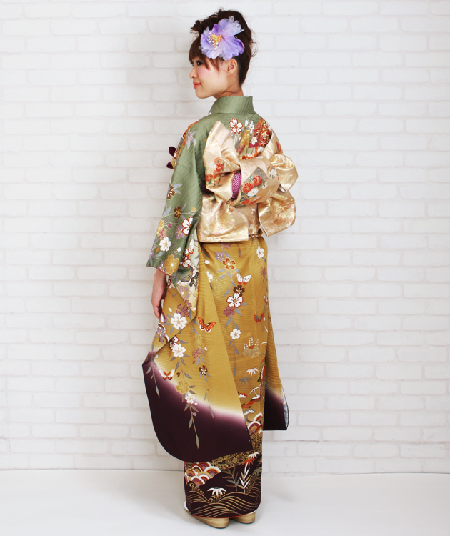 成人式 1月使用 振袖 レンタル モスグリーン・金茶色 鶴に蝶四季花