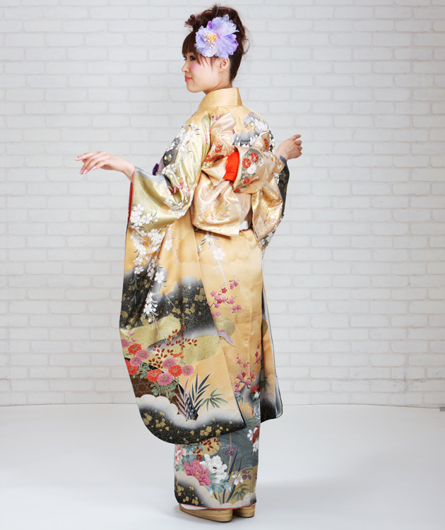 振袖 2月〜12月使用 振袖 レンタル ゴールド色 おしどりに四季花 NT-174 送料無料 振袖 2月〜12月使用 振袖 レンタル ゴールド色 おしどりに四季花 NT