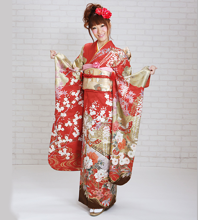 成人式 1月使用 振袖 レンタル 赤色 蝶々四季花 NT-185-sei 送料無料の