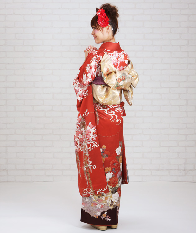 成人式 1月使用 振袖 レンタル 赤色 流水に桜・ぼたん NT-201-sei 送料