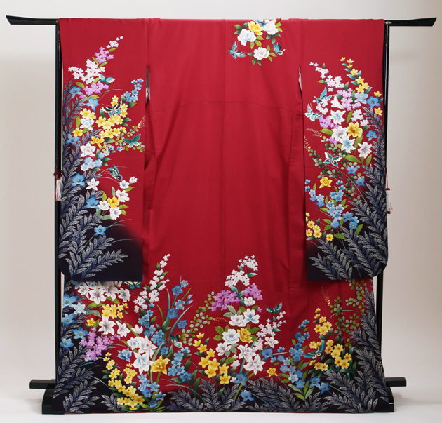 振袖 2月〜12月使用 振袖 レンタル 赤色 四季花に蝶 NT-219 送料無料の