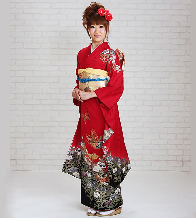 成人式 1月使用 振袖 レンタル 赤色 蝶に花 NT-198-sei 送料無料の通販