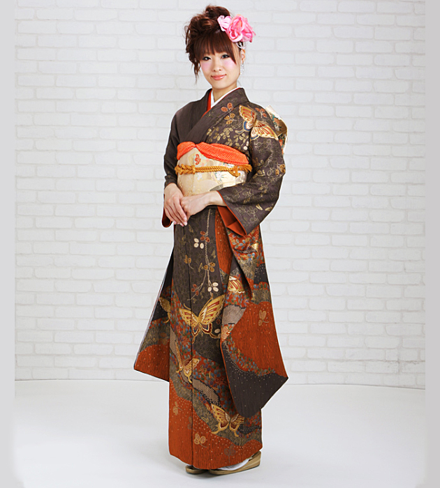 振袖 2月〜12月使用 振袖 レンタル 茶色 熨斗に蝶 NT-181 送料無料 振袖 2月〜12月使用 振袖 レンタル 茶色 熨斗に蝶 NT-181 送料無料の