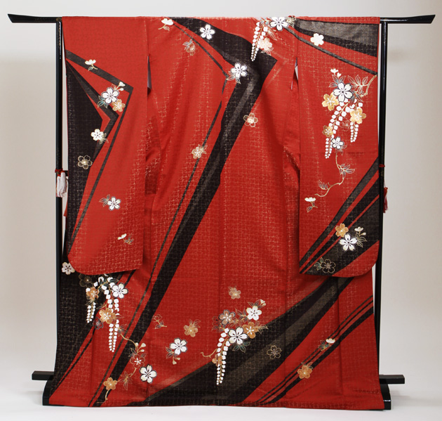 成人式 1月使用 振袖 レンタル 赤色 金ラメ地模様藤桜 NT-188-sei 送料
