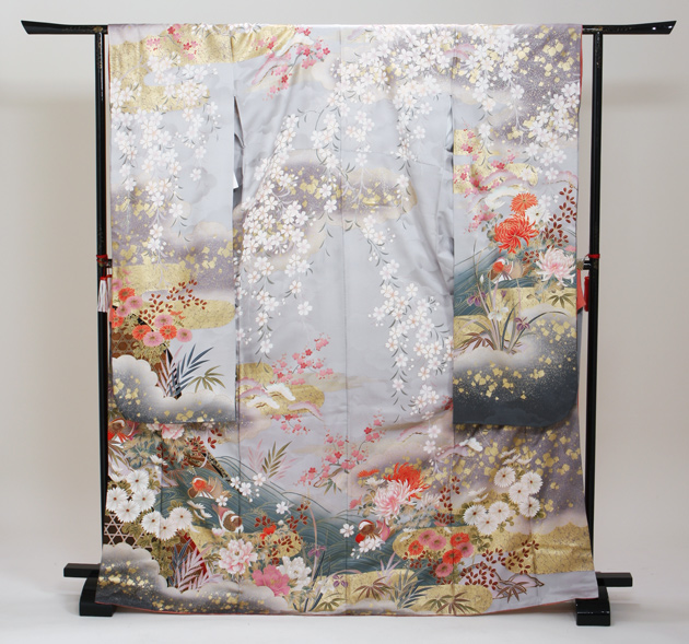成人式 1月使用 振袖 レンタル グレー色 おしどり四季花 NT-189-sei 送料