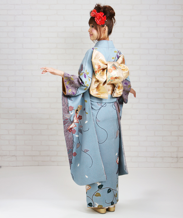 振袖 2月〜12月使用 振袖 レンタル 水色・紫色 桜に蝶・鶴 NT-170 送料