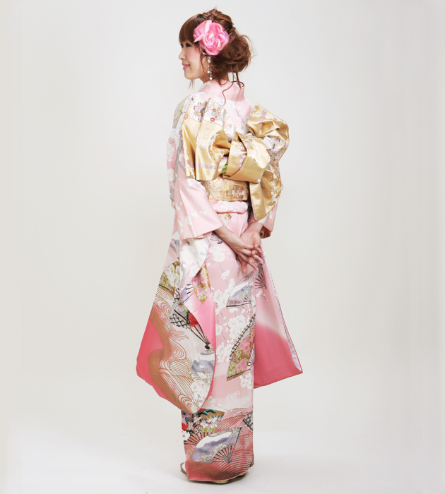 振袖 2月〜12月使用 振袖 レンタル ピンク色 扇面柄 NT-94 送料無料の