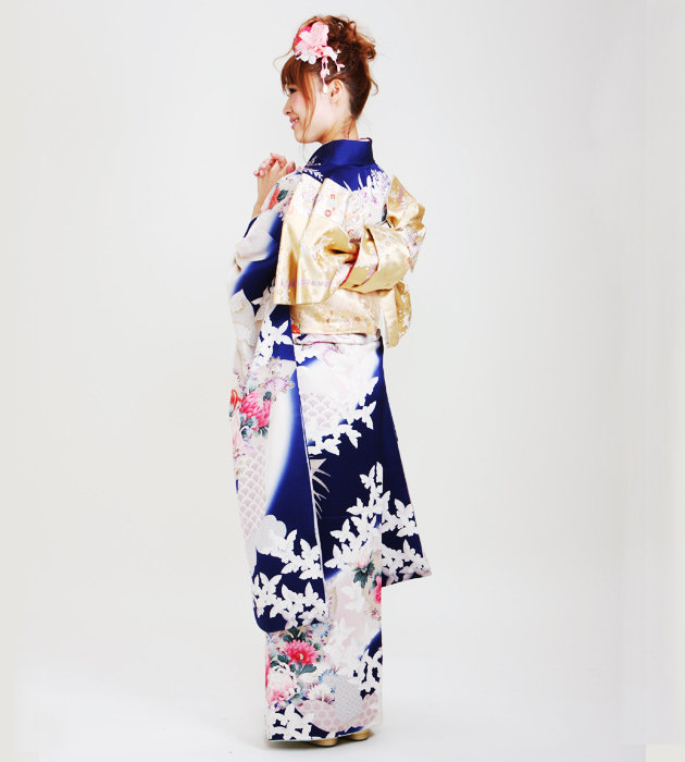 成人式 1月使用 振袖 レンタル 紺色 牡丹に蝶 NT-81-sei 送料無料の