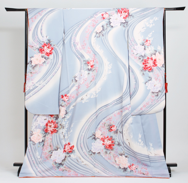 成人式 1月使用 振袖 レンタル グレー色 流水に牡丹 NT-83-sei 送料