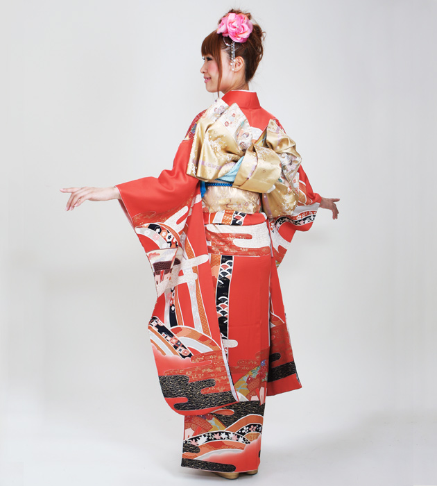 振袖 2月〜12月使用 振袖 レンタル レンガ色 熨斗扇面 NT-93 送料無料