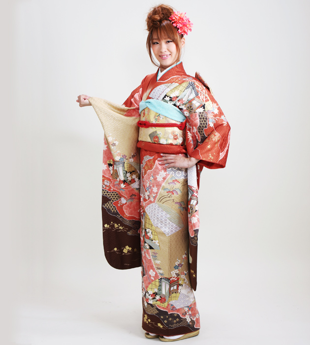 振袖 2月〜12月使用 振袖 レンタル 茶・ピンク色 四季花に御所車 NT-134 送料無料 振袖 2月〜12月使用 振袖 レンタル 茶・ピンク色 四季花に御所車 NT