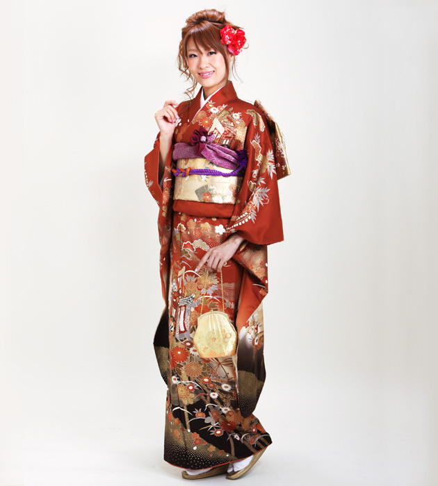 成人式 1月使用 振袖 レンタル レンガ色 四季花に御所車 NT-150-sei 送料無料 成人式 1月使用 振袖 レンタル レンガ色 四季花に御所車 NT-150-sei