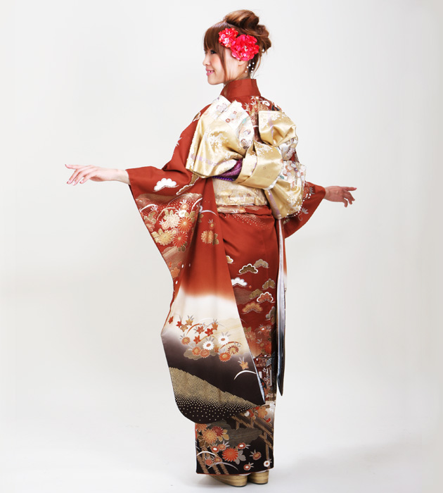 振袖 2月〜12月使用 振袖 レンタル レンガ色 四季花に御所車 NT-150