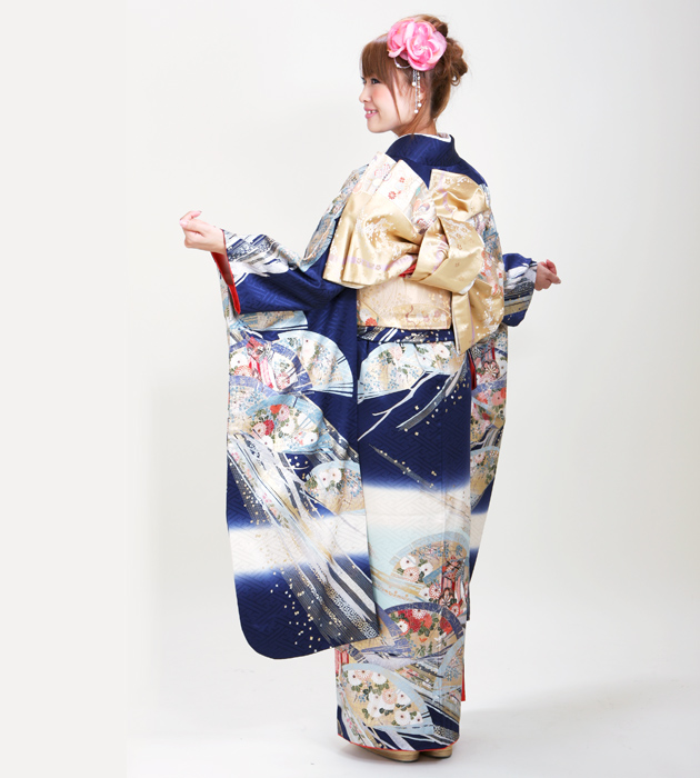 振袖 2月〜12月使用 振袖 レンタル 紺色 扇 NT-151 送料無料の通販はau