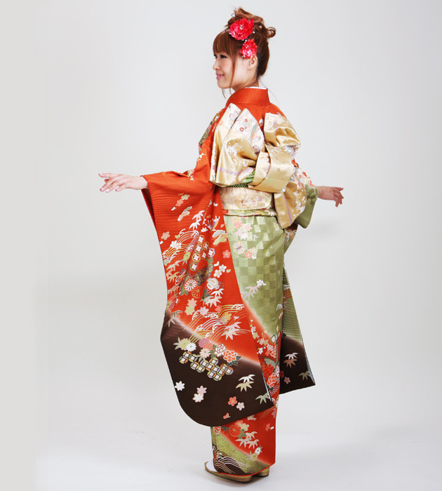 振袖 2月〜12月使用 振袖 レンタル カーキレンガ色 四季花に蝶 NT-121
