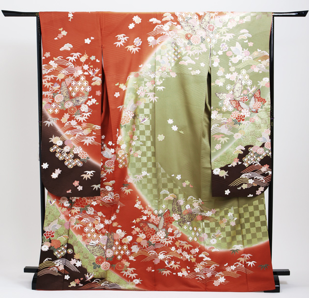 成人式 1月使用 振袖 レンタル カーキレンガ色 四季花に蝶 NT-121-sei