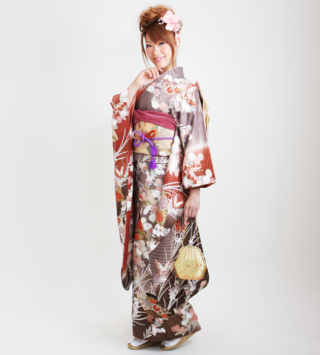 成人式 1月使用 振袖 レンタル グレー・エンジ色 扇に蝶 NT-155-sei 送料無料 成人式 1月使用 振袖 レンタル グレー・エンジ色 扇に蝶 NT-155-sei