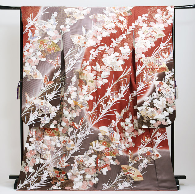 成人式 1月使用 振袖 レンタル グレー・エンジ色 扇に蝶 NT-155-sei