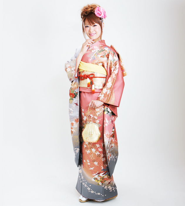 成人式 1月使用 振袖 レンタル ピンク・グレー色 四季花に鶴 NT-166-