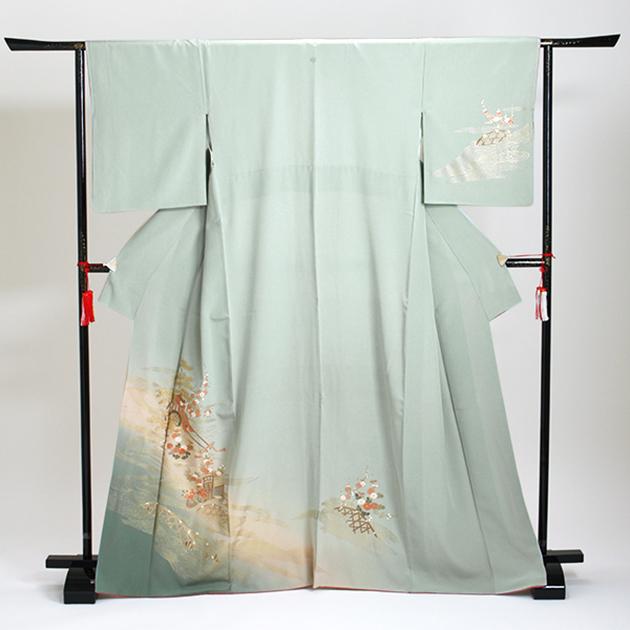 訪問着 レンタル 付下げ グレーグリーン色 NT-32 お宮参り お茶会 送料