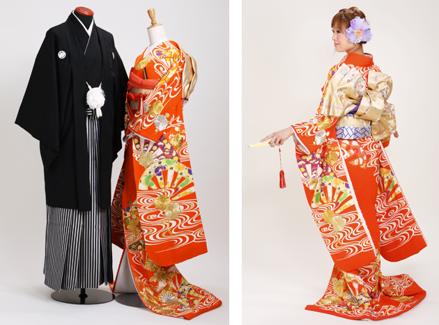 引き振袖レンタル 朱 色振袖 黒引き振袖 NT-160 オレンジ 花嫁 送料無料