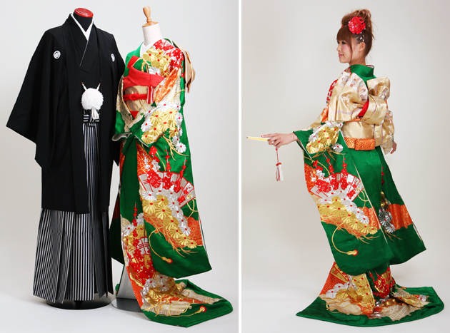 引き振袖レンタル 緑 色振袖 黒引き振袖 NT-207 グリーン 花嫁 送料無料