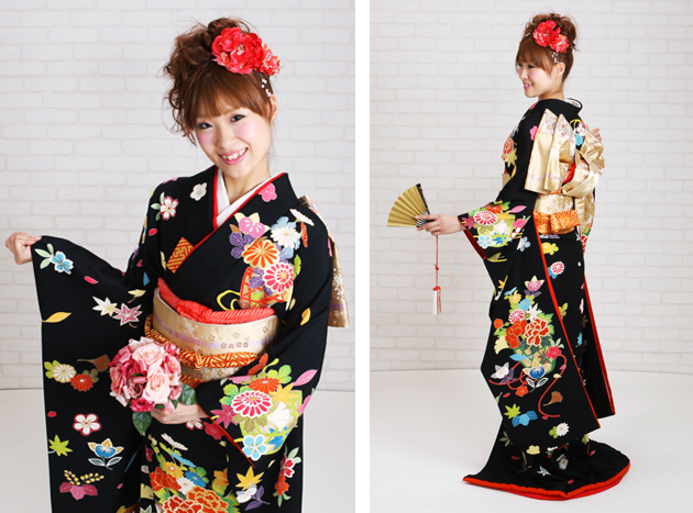 引き振袖レンタル 黒 色振袖 黒引き振袖 NT-250 黒地 花柄 花嫁 送料