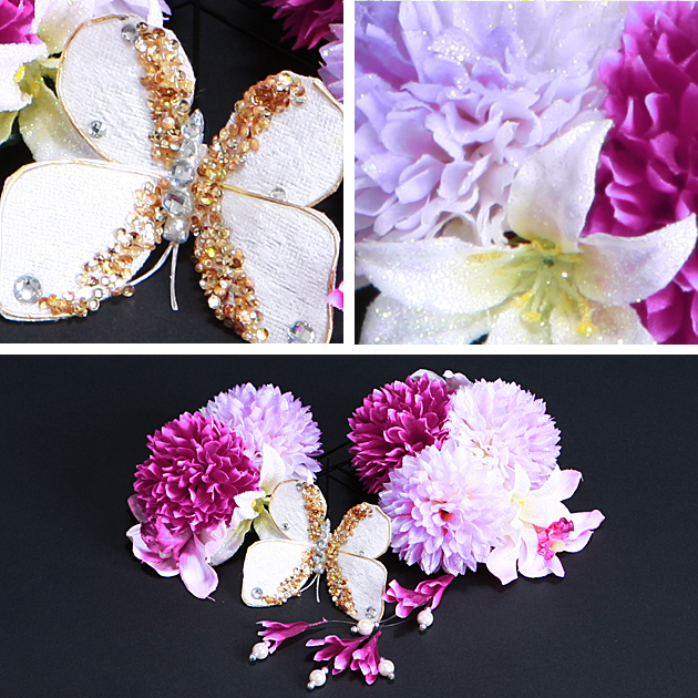 【髪飾り】【販売品】お花 パープル 蝶 パール アクセ 結婚式 髪かざり-b17_2