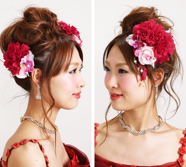 【髪飾り】【販売品】お花 ピンク 赤 ダリア パール アクセ 結婚式 髪かざり-b19_1