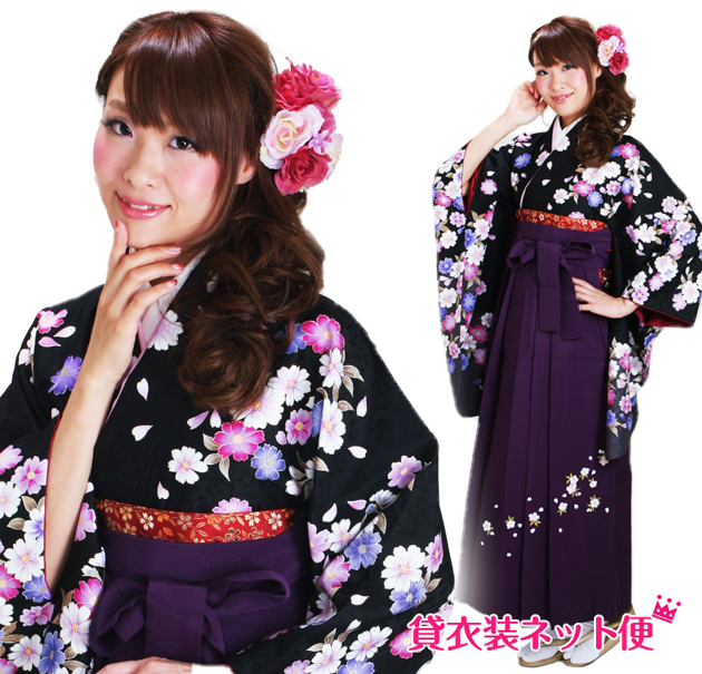 卒業式 袴セット 袴 レンタル 小学生 小学生卒業式袴セット 卒業式 女の子 黒色 ローズピンク コスモス 送料無料 FAG0292