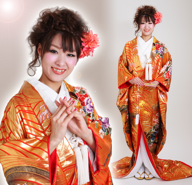 打掛 レンタル 色打掛 金色 金地波に花舟 NT-719 送料無料