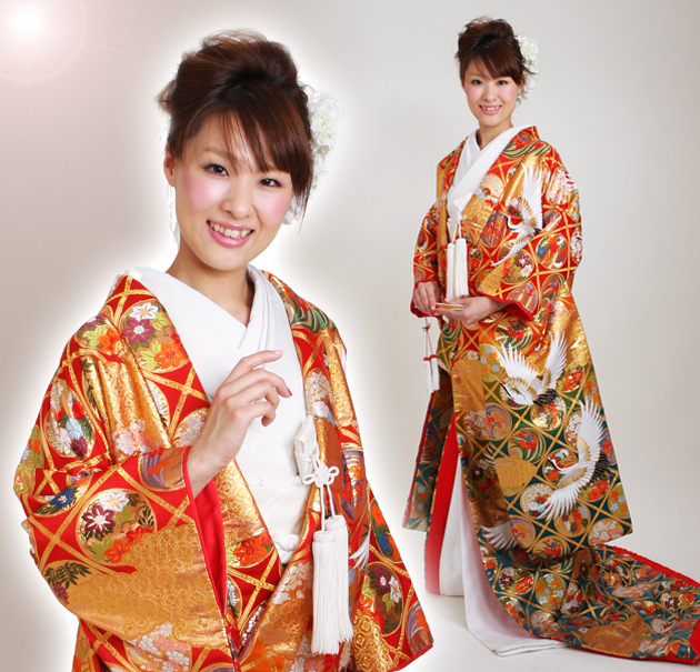 打掛 レンタル 色打掛 赤緑色 格天井四季花丸文鶴 NT-804 送料無料