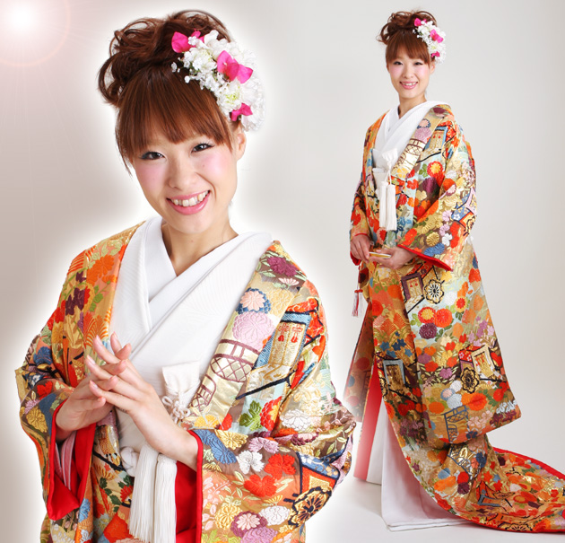 打掛 レンタル 色打掛 金色 唐織雲取秋草御車文 NT-724 送料無料