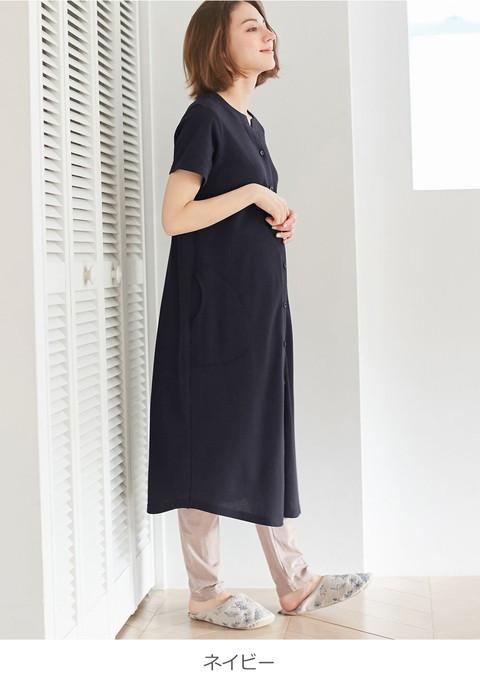 マタニティ ワンピース 授乳服 半袖 ルームウェア 抜群 部屋着 ネイビー L